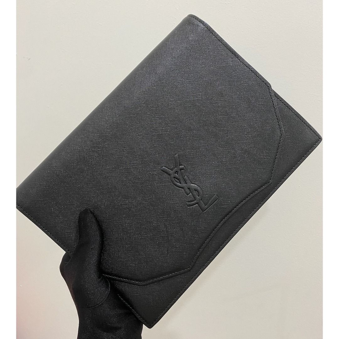 YVES SAINT LAURENT YSL Black Leather Unisex Hand Clutch Bag AUTHENTIC