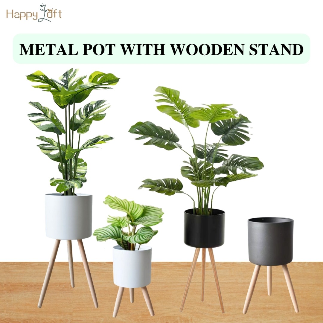 Artificial Plant Metal Pot With Wooden Stand Black White Indoor Outdoor