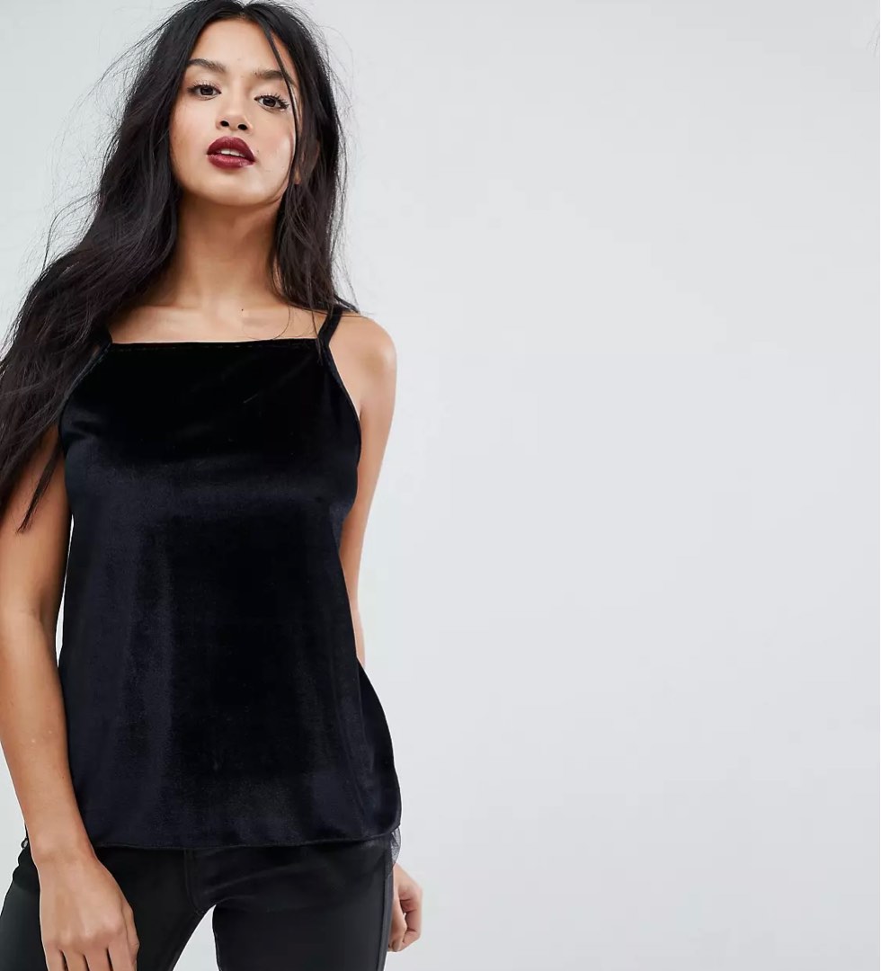 ASOS Cami in Velvet with Mesh Hem Detail and Square Neck