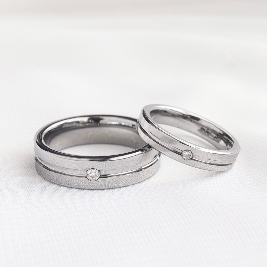 Astro Tungsten Carbide Wedding Rings with free engraving Silver gloss mid line Diamond simulant couple band edition