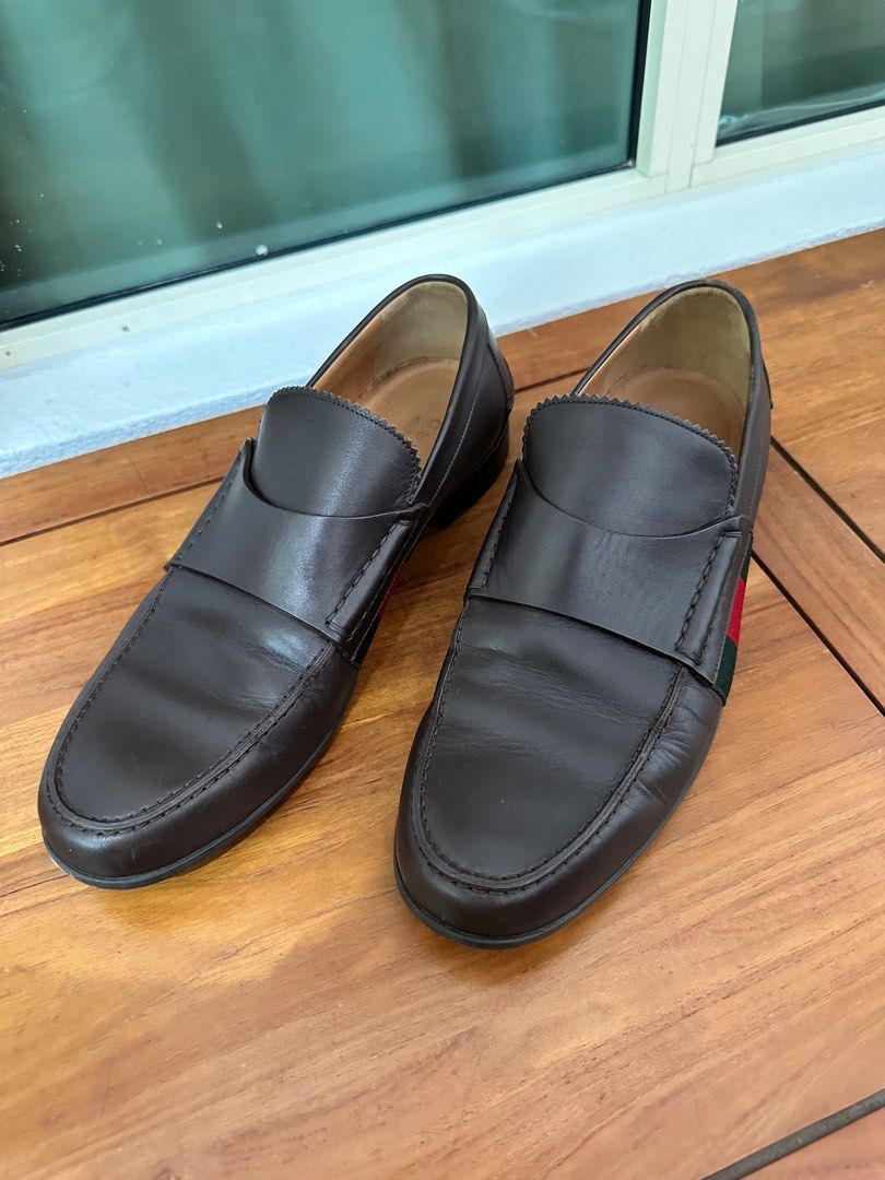 Authentic Gucci Signature Stripe Brown Leather Loafers  display picture 3