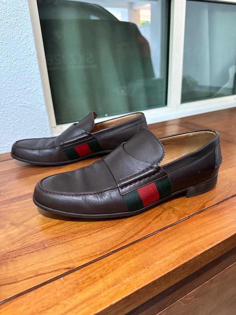 Authentic Gucci Signature Stripe Brown Leather Loafers  display picture 2