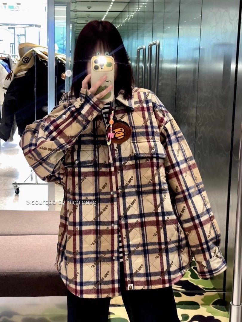 BAPE A BATHING APE LOGO CHECK PATTERN PADDED FLANNEL SHIRT JACKET