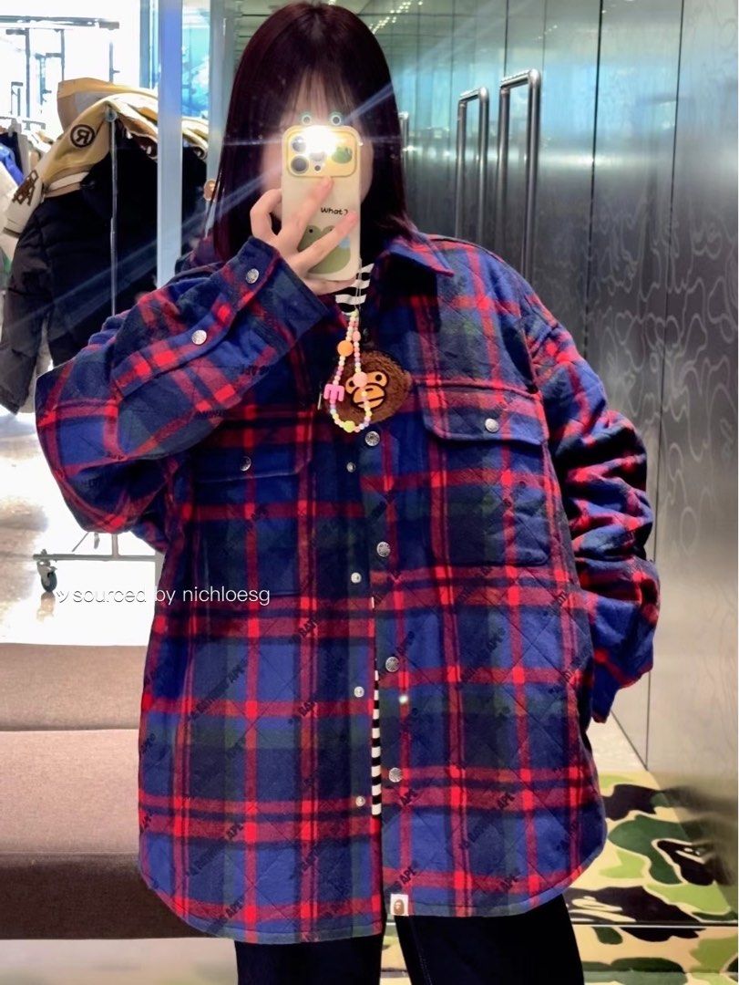 BAPE A BATHING APE LOGO CHECK PATTERN PADDED FLANNEL SHIRT JACKET