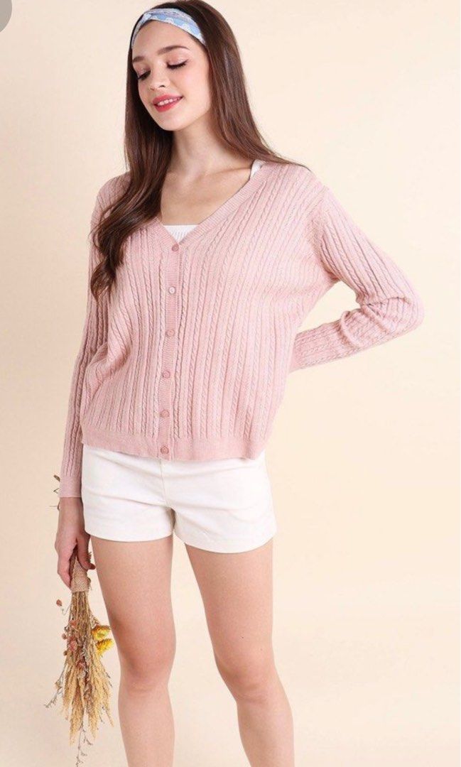 BASIC DONNA WEAVE TEXTURED KNIT CARDIGAN IN DUSTY PINK, Women's