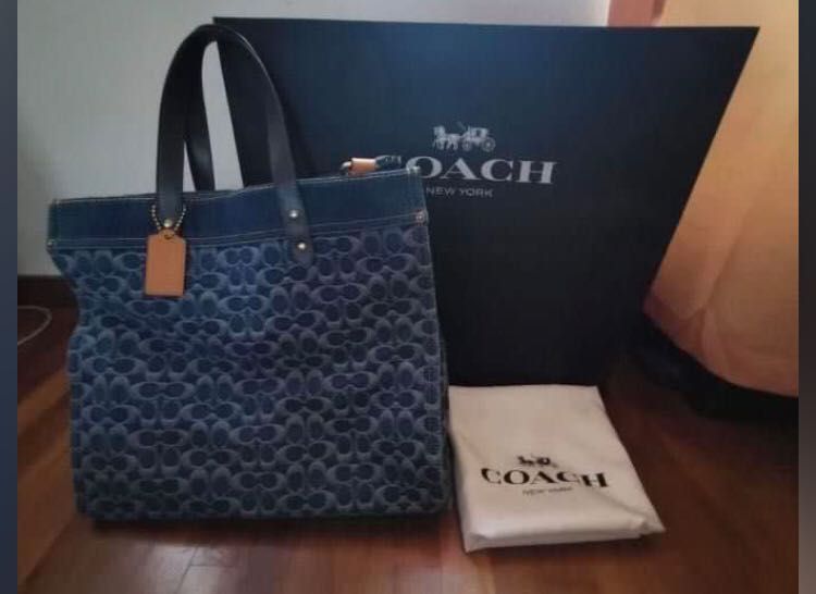 Coach branded denim shop & leather field tote