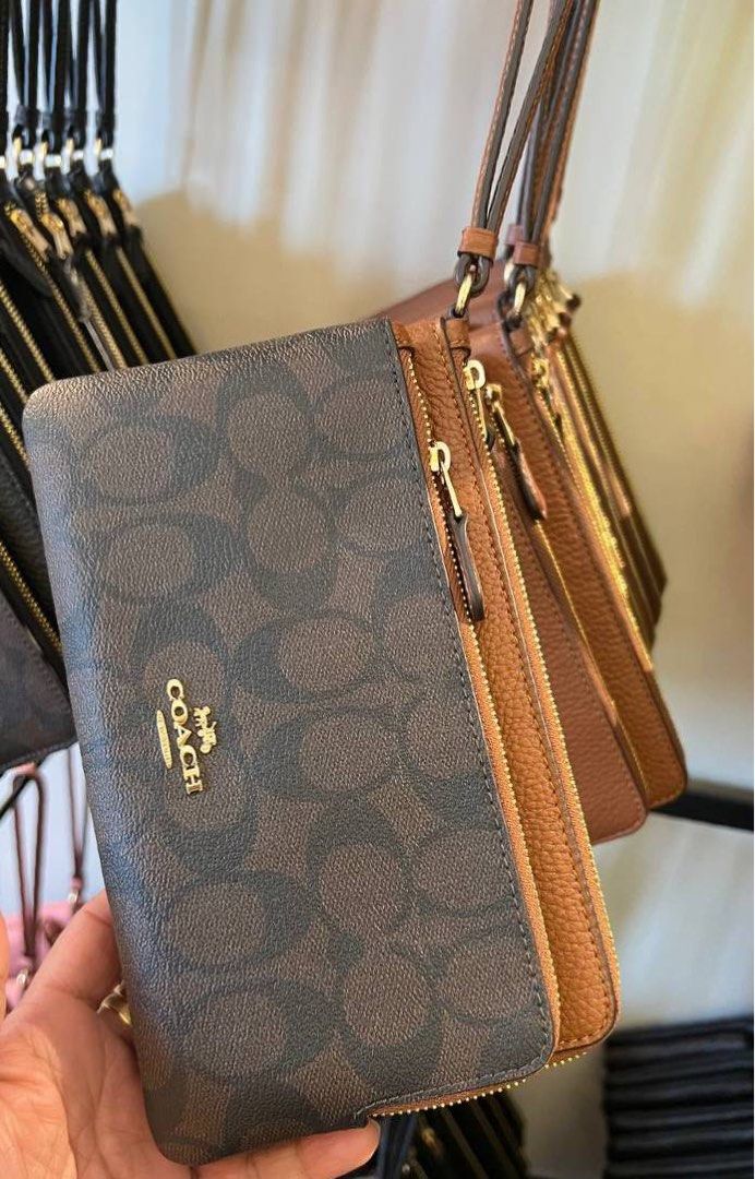 Coach Double Zip Wallet in Signature Canvas in Signature Brown