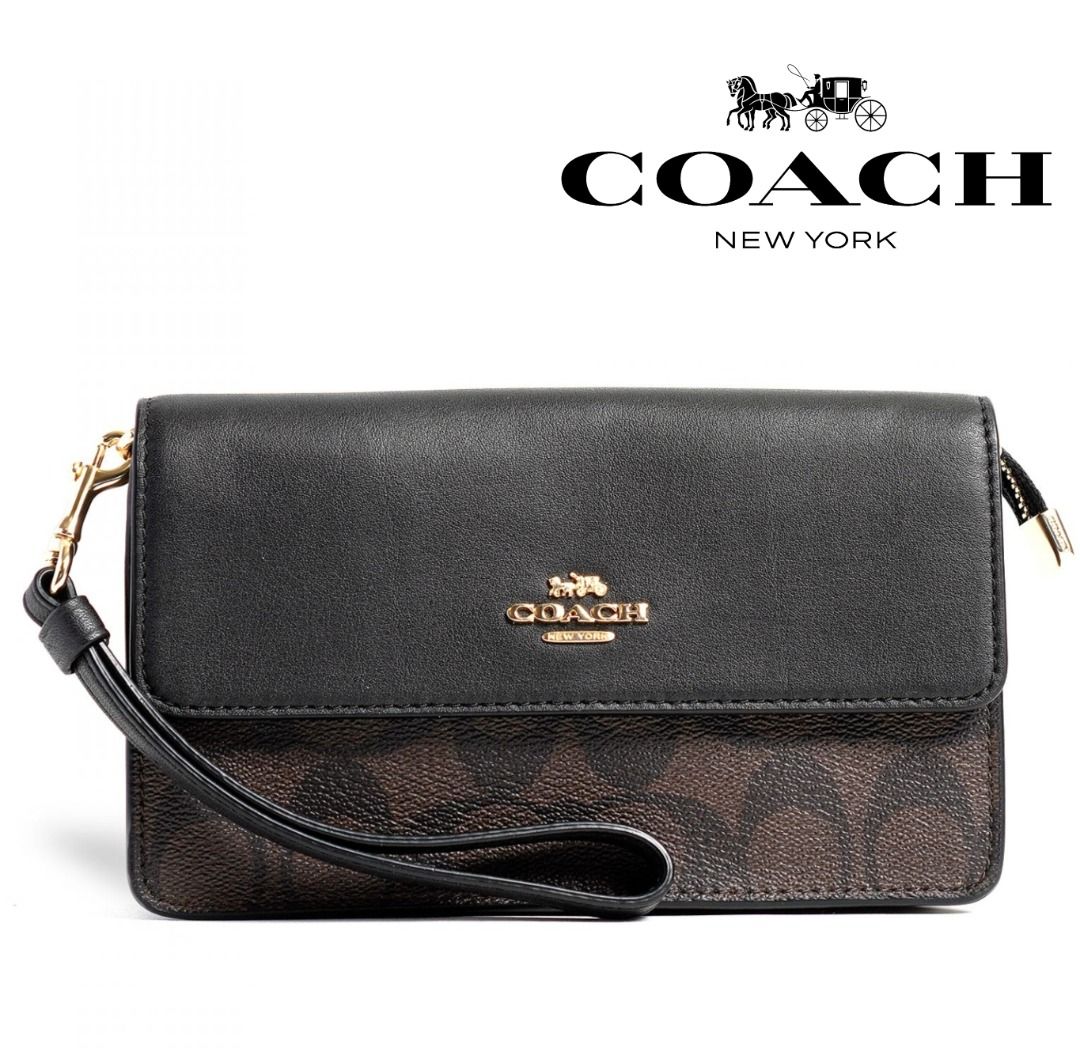 Coach Original New Brown Signature Black Collection Foldover Wristlet Wallet Clutch Wrislet Phone Wallet For Women Come With Complete Set Suitable For