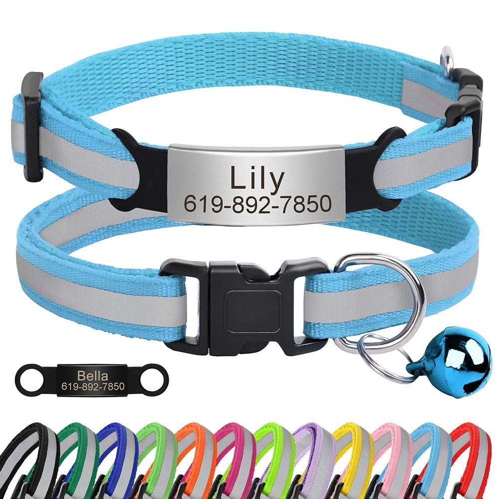 FREE DELIVERY Safety Reflective Personalised Cat Collar with Bell