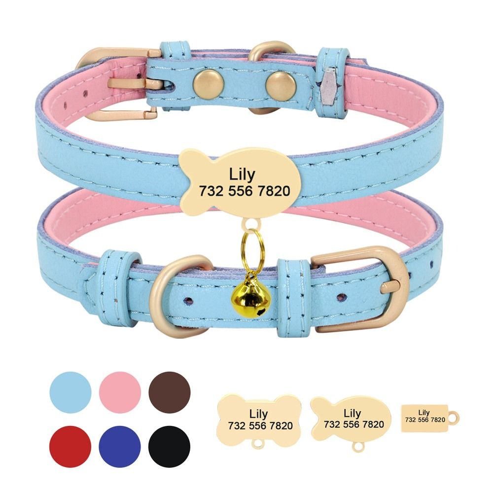 FREE DELIVERY Soft Leather Personalised Cat Collar with Gold Bell
