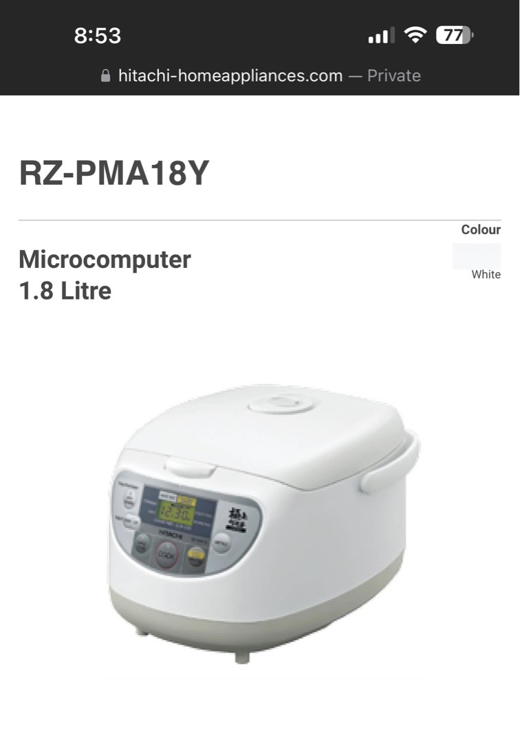 Hitachi Rice Cooker 10 cups , 1.8L, TV & Home Appliances, Kitchen