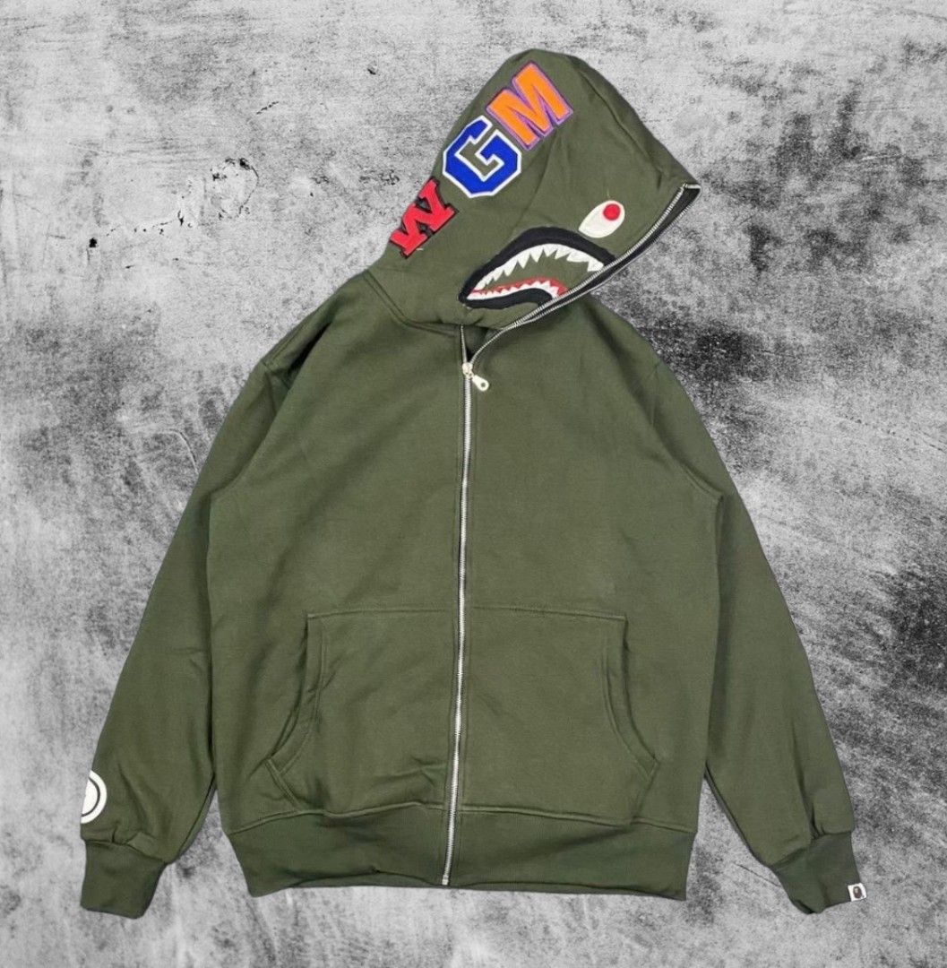 Hoodie Full Zip Bape Shark WGM Hijau Fesyen Pria Pakaian Baju Luaran di Carousell