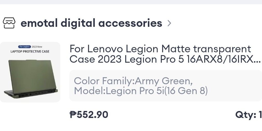 LENOVO LEGION CASE (Category: Laptop Bags & Sleeves) located in Caloocan City. Submitted by ionacalle16-06956 (Listing ID 1269915098, Image 3). Description: Brand New Not fit to my laptop. I bought kasi kala ko almost pareho sila ng idepad ko. brand new matte green.