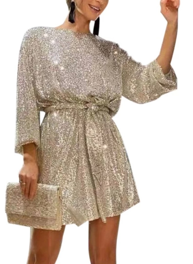 Glitter Round Neck Puff Sleeve Dress