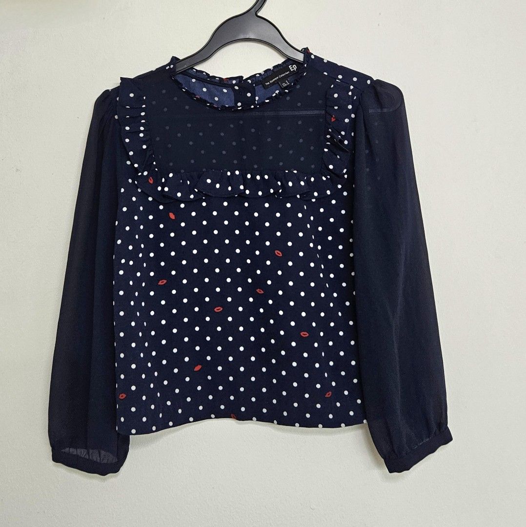 Navy Polka Dot Blouse with 💋 Detail S, Women's Fashion, Tops