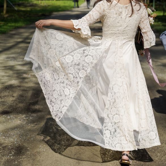 Off white vintage lace flowy maxi dress for pre wedding shoot