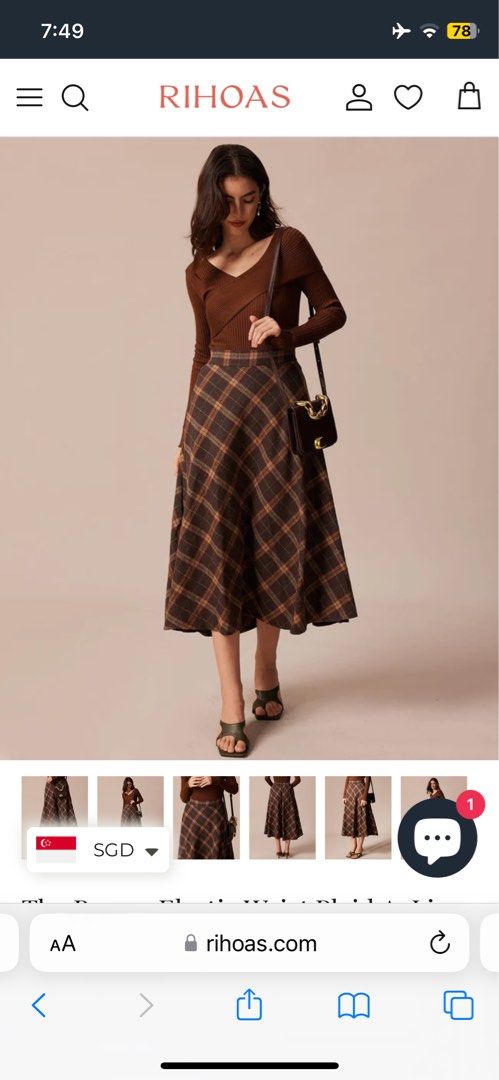 Rihoas The Brown Elastic Waist Plaid A Line Midi Skirt