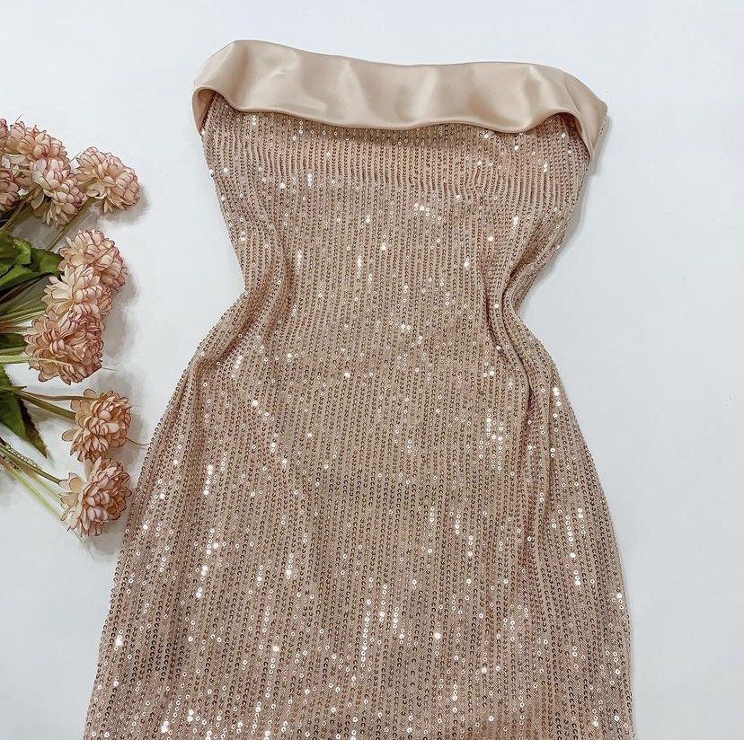 slim fit dress slacks BOUTIQUE Short Strapless Rose Gold Sequin Gown – Style Exchange Boutique PGH main image 0