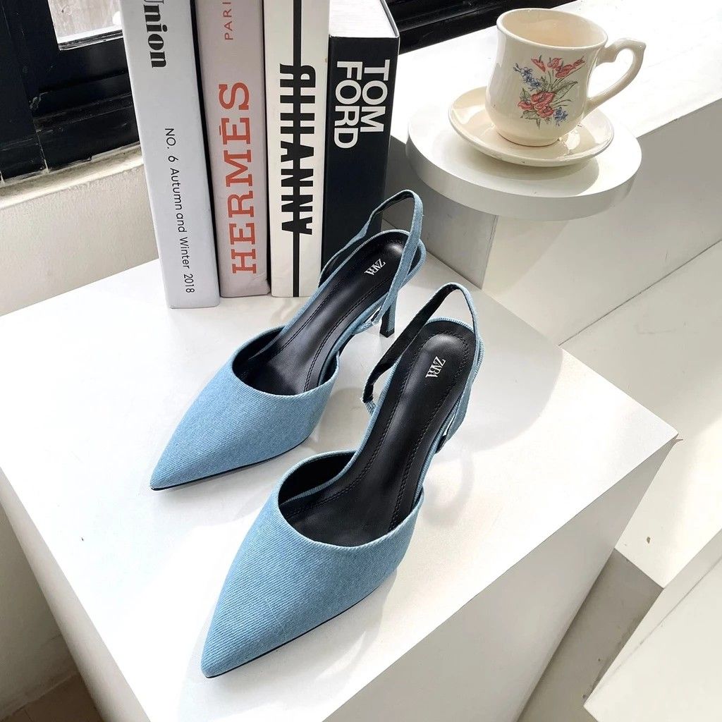 Jf Shop Zapatos Tacon Medio Zara Sepatu ZARA Denim Slingback Heels