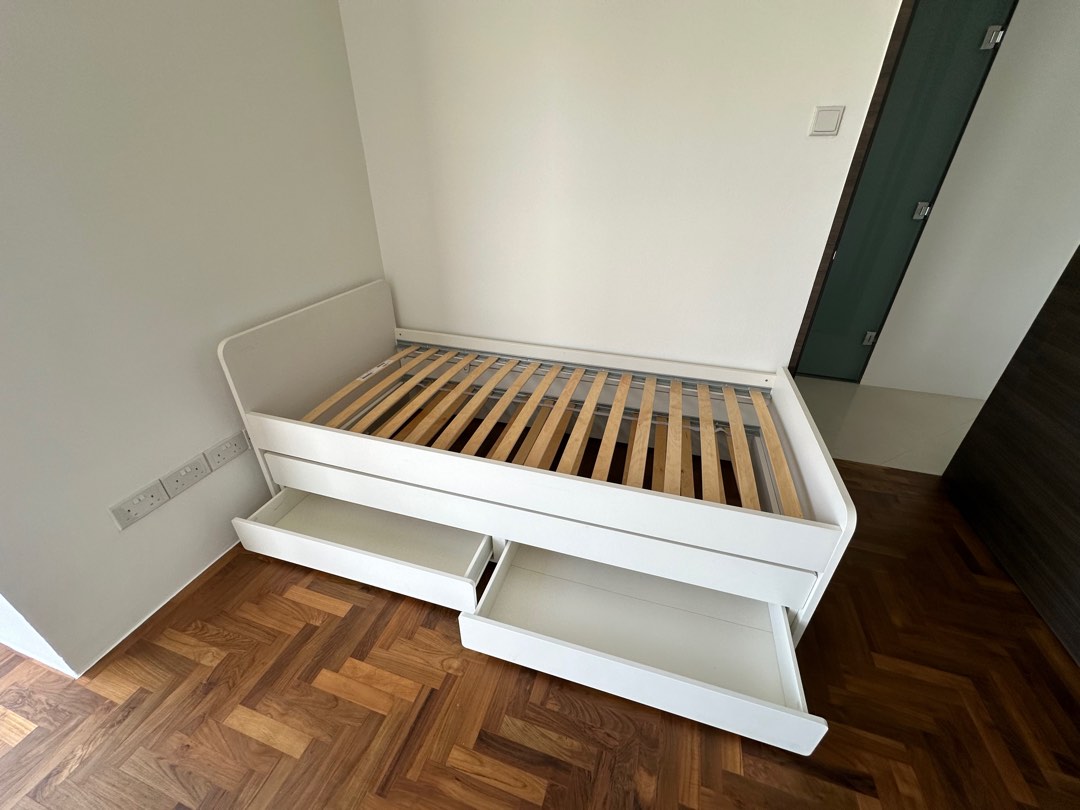 Single Bed Frame with pull out mattress + storage, Furniture & Home