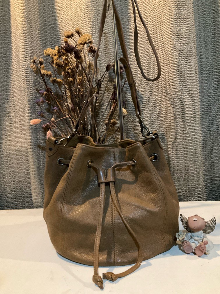 Status Anxiety…Camel Soft Pebbled Leather Bucket Slingbag, Women's