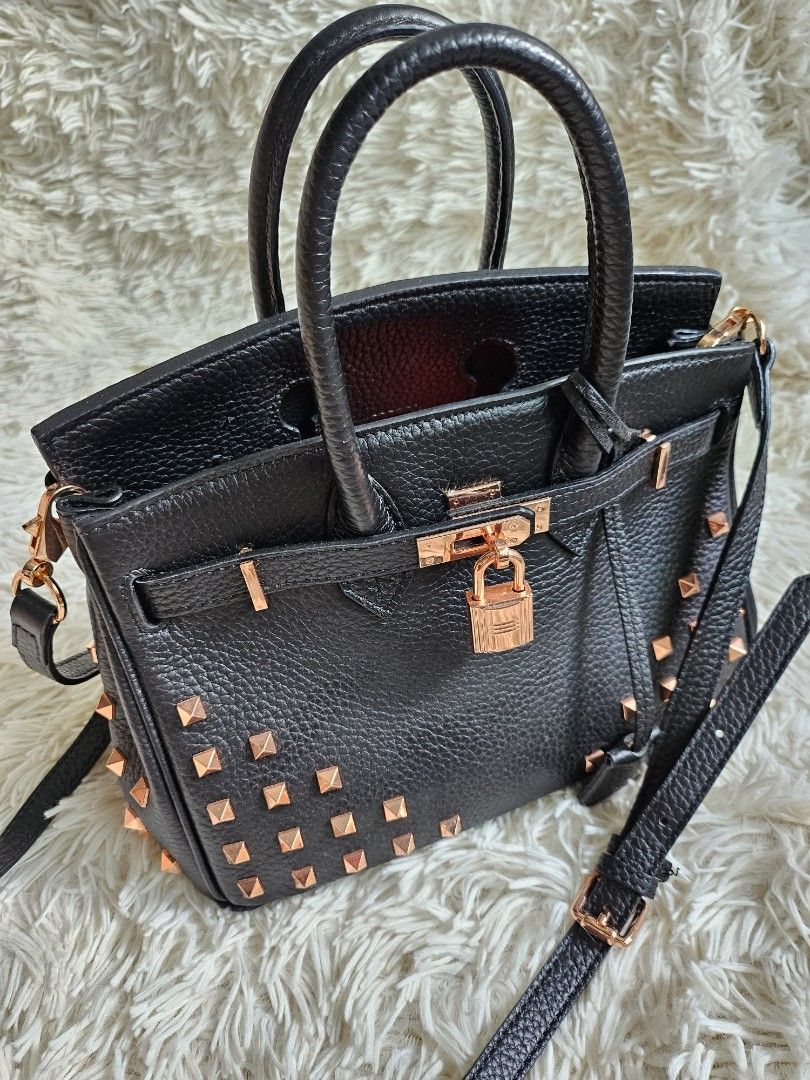 Studded leather bag black with rose gold hardware