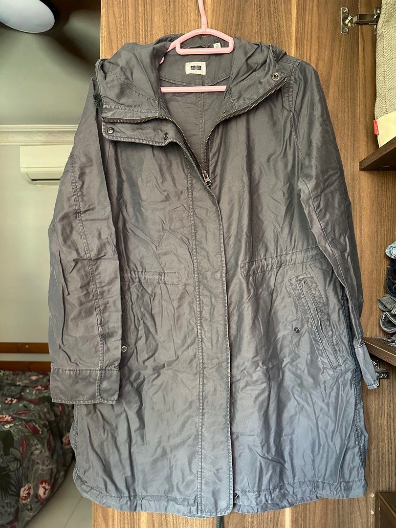 Uniqlo grey hooded trench coat Parka Jacket for spring autumn