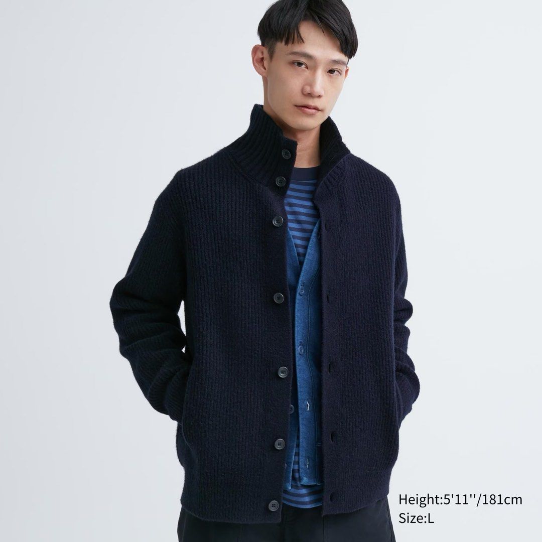 Uniqlo Souffle Yarn Stand Collar Cardigan (Navy), Women's Fashion