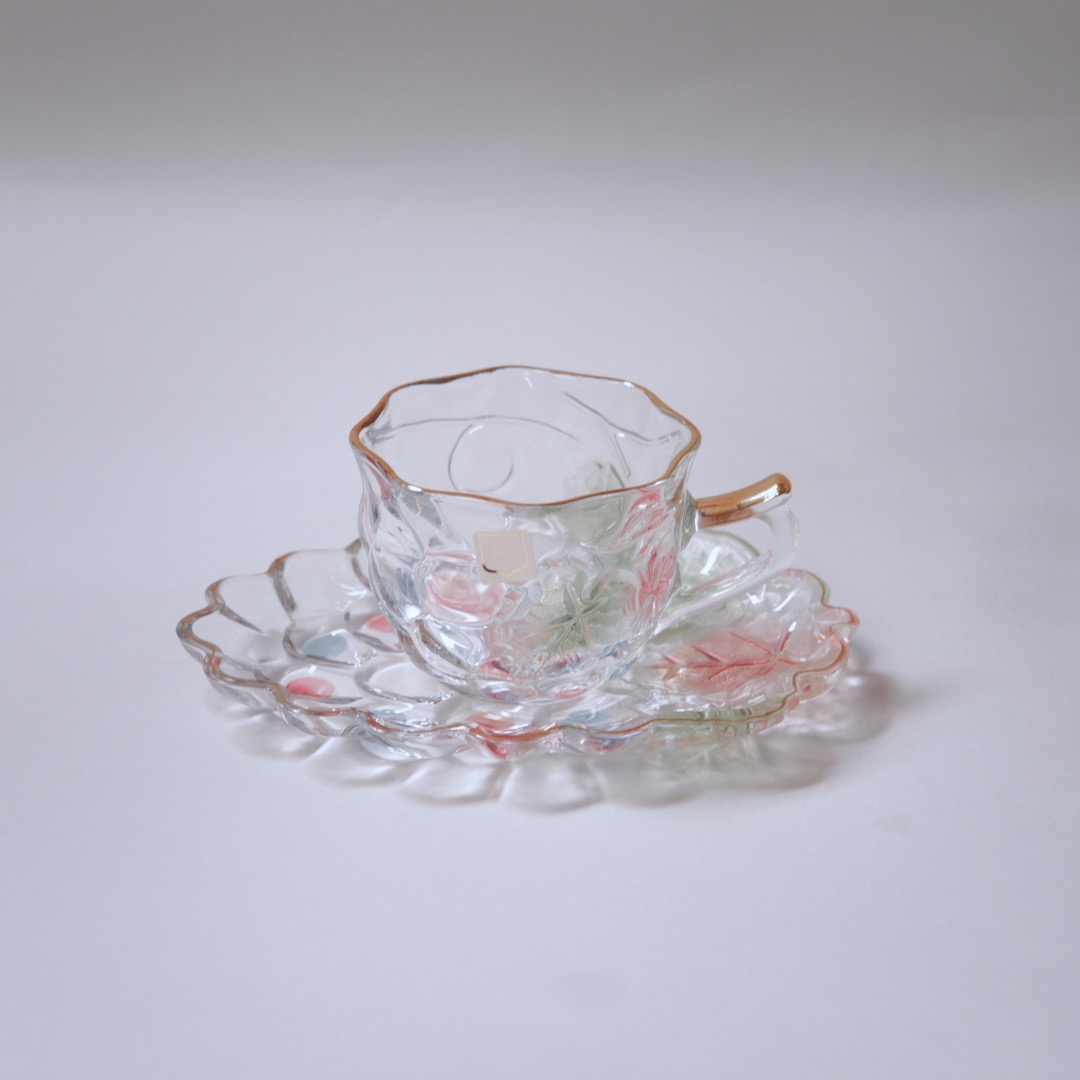 Vintage Painted Glass Tea Cup with Saucer Set, Furniture & Home Living, Kitchenware & Tableware