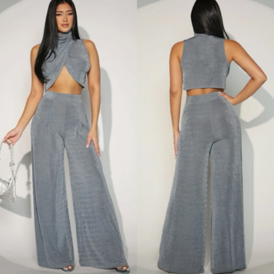 Drawstring Crop Top Loose Wide Leg Pants Set main image 1