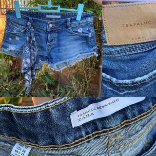 [SALE] Zara Bandana Denim Cheeky Shorts - Zara Trafaluc Bandana pockets distressed high jean denim shorts women's size 6 - with attached handkerchief Waist: 32” US 06