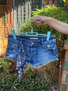 Zara Denim Shorts -  Zara Trafaluc Bandana pockets distressed high jean denim shorts women's size 6 -    with attached handkerchief Waist: 32” US 06