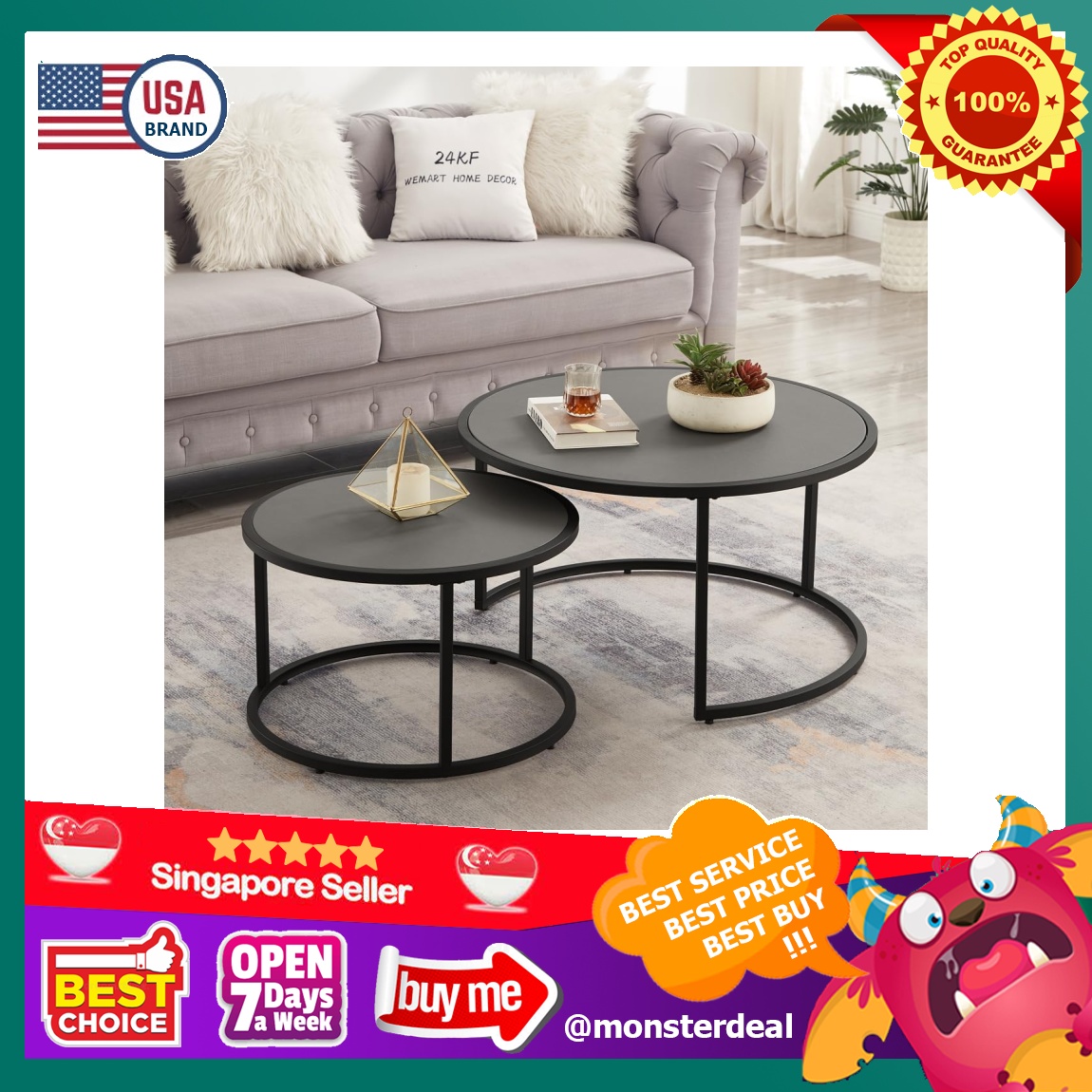 24KF Modern Nesting Round Coffee Table with Black Metal Base,Accent Tea ...