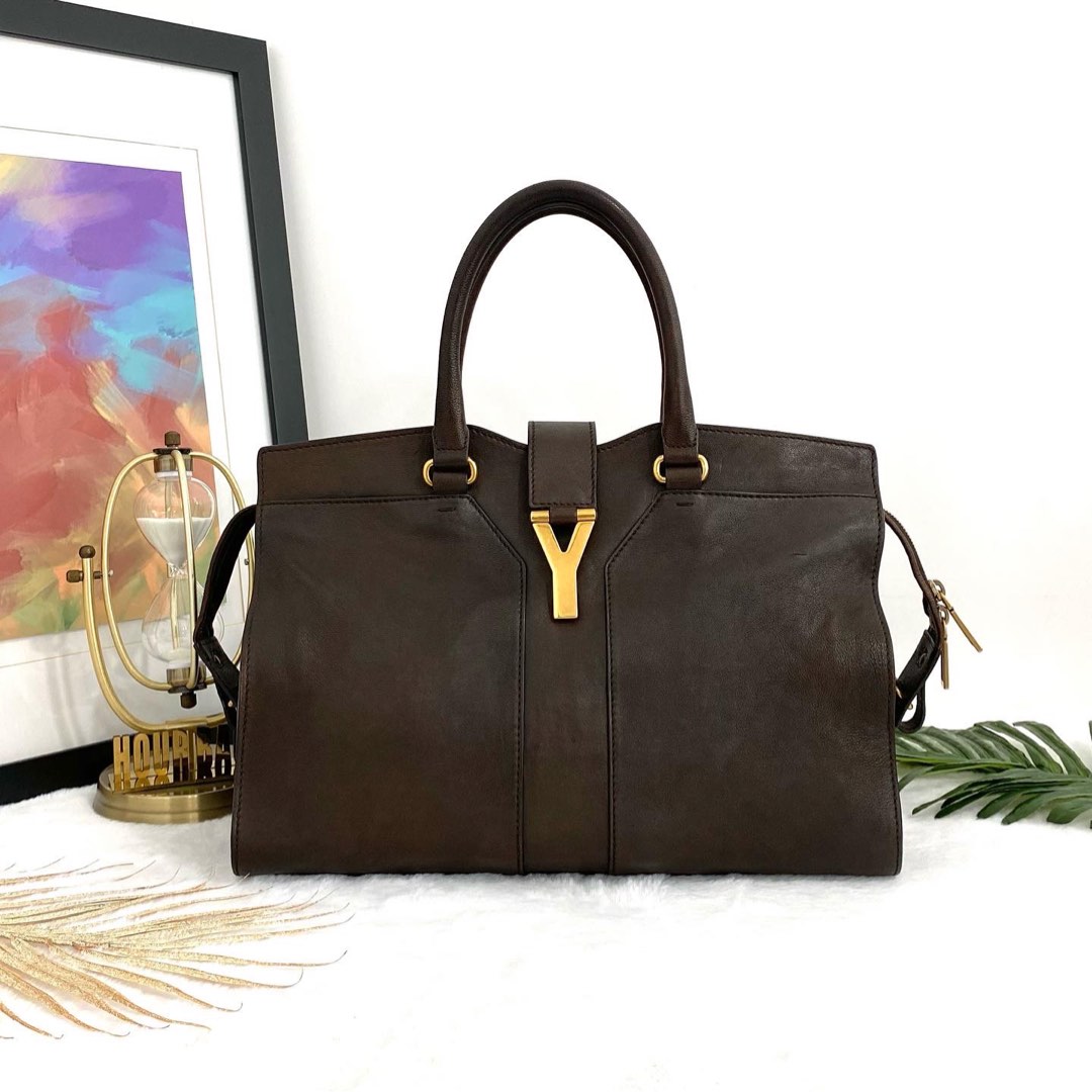 Authentic YSL Dark Brown Calf Leather Cabas Chyc Tote Bag with