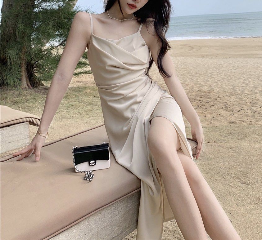 FESTIVE SPECIALS Chloe Satin Ruched Spag Slip Midi Dress