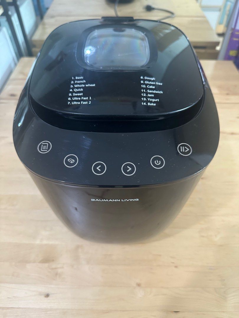 Baumann Living Breadmaker (Category: Breadmakers) located in Quezon City. Submitted by simple_joys888 (Listing ID 1270110742, Image 1). Description: Features & Benefits 14 digital program menus 13-hour programmable delay timer lets you add ingredients and begin the baking process later 60 minutes of Keep Warm function Loaf size selection: 1.5lb and 2.0lbs Light, medium and dark crust settings Large viewing window and LED display Single kneading b