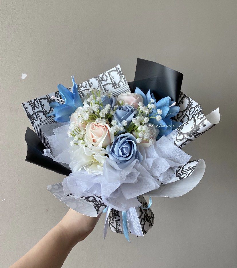 Blue roses and lily flower in black wrap and dior wrapping paper flower  bouquet 💐