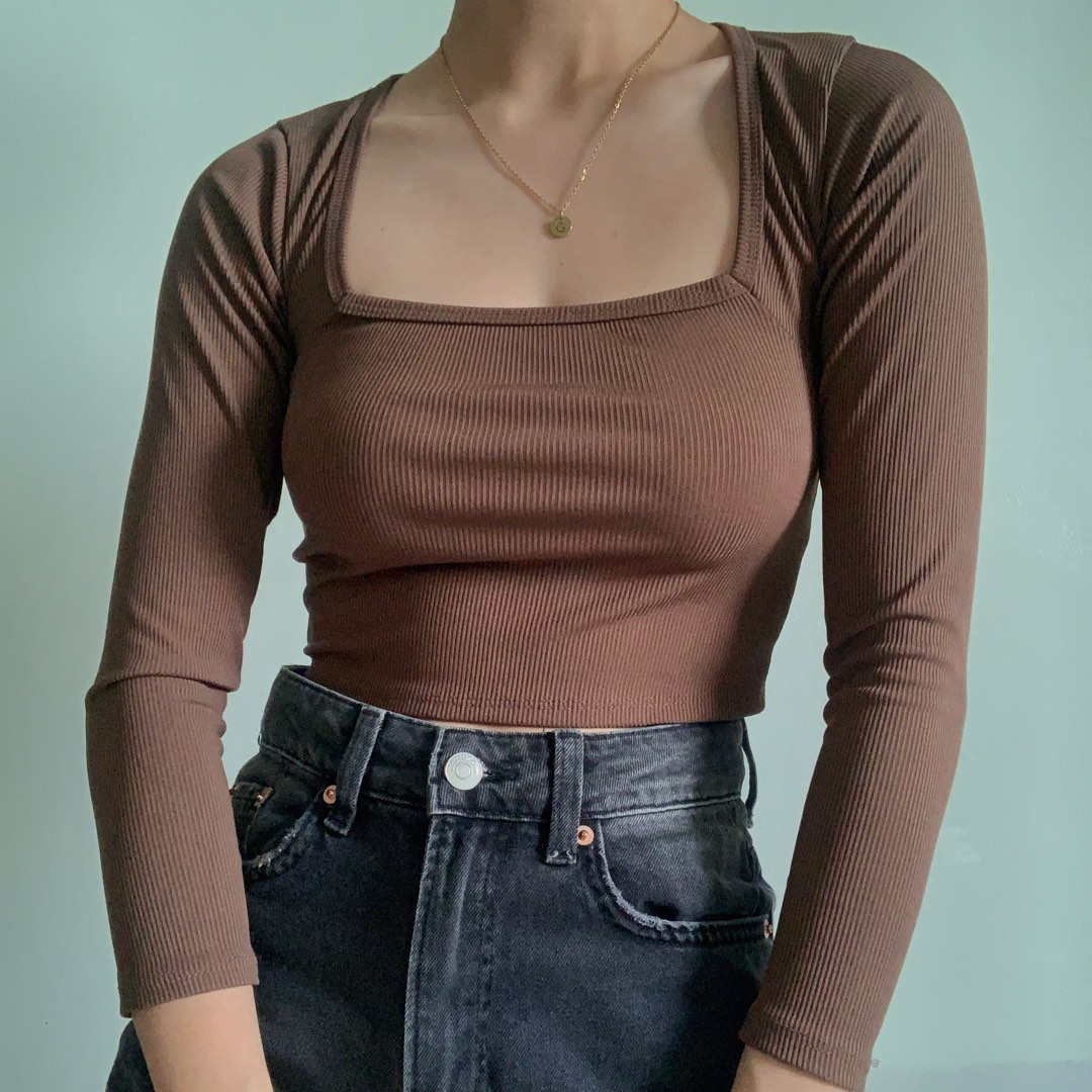 Brown Fitted Long-sleeve Top With A Square Neckline main image 0