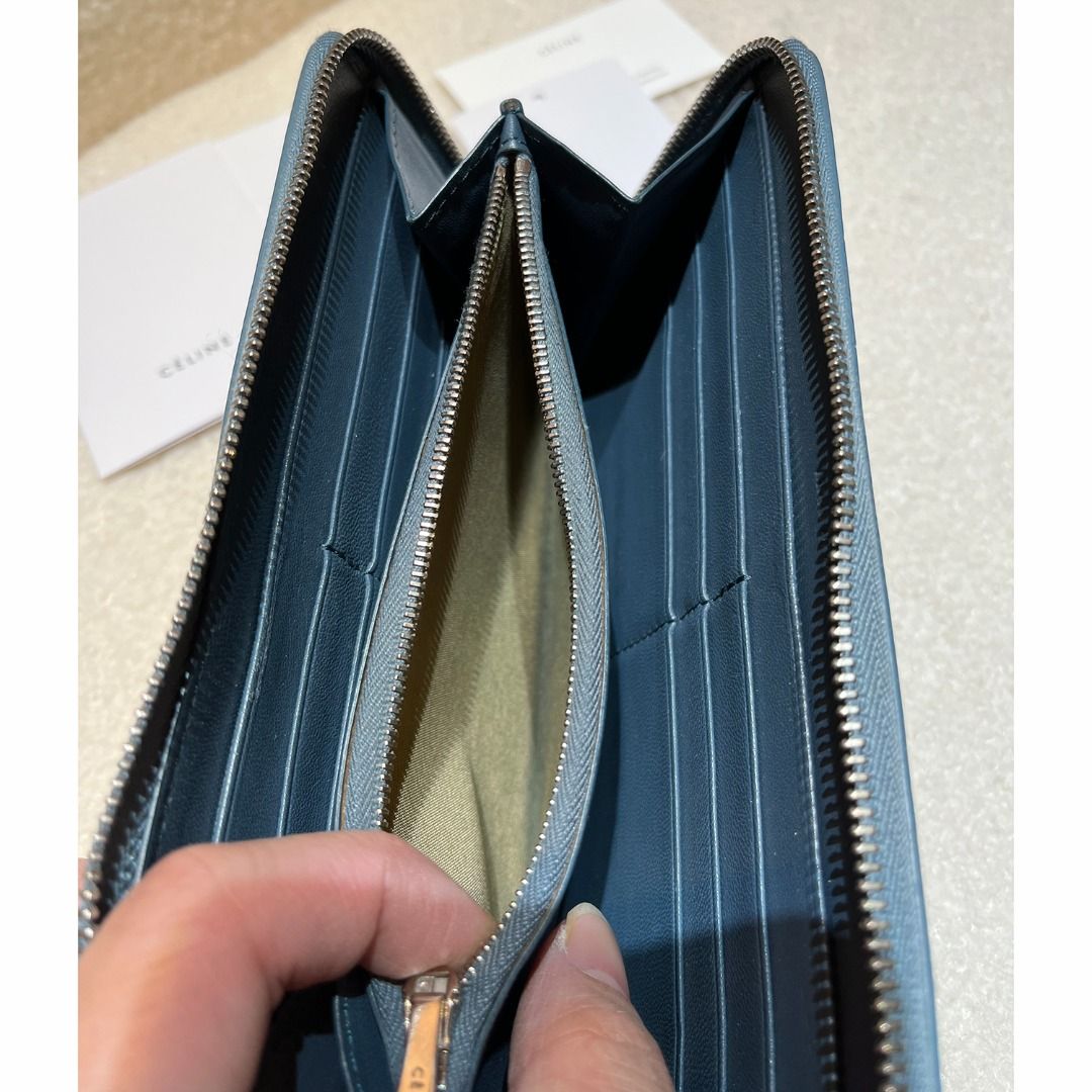 CELINE Large Zip Around Light Blue Leather Long Wallet AUTHENTIC