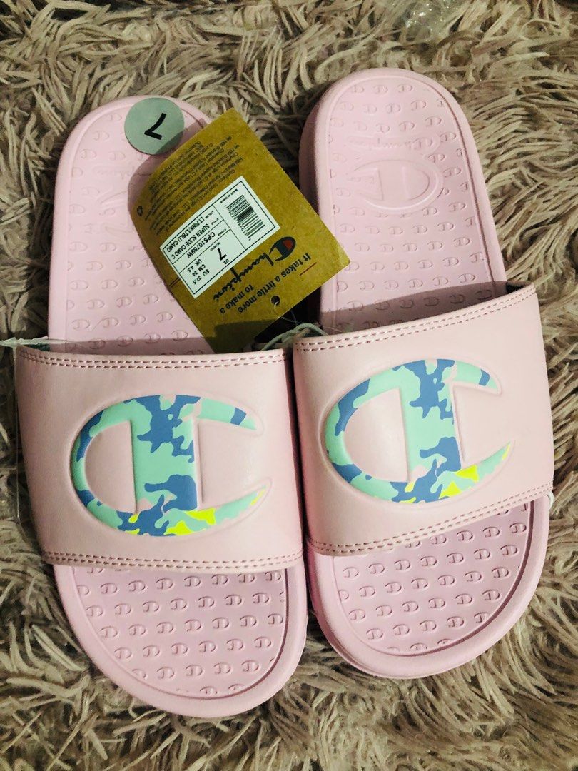 Womens pink champion slides hot sale