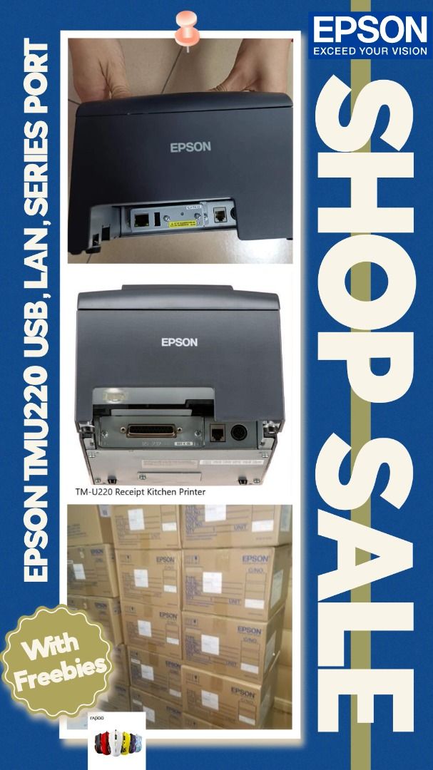 EPSON DOT MATRIX POS PRINTERS (Category: Printers, Scanners & Copiers) located in Caloocan City. Submitted by marklouieoliveros-20532 (Listing ID 1270122223, Image 1). Description: Epson TMU220 MANUAL CUT USB PORT LAN PORT Features: the Epson TMU220 series are optimized for high-speed throughput so customer receipts and kitchen orders print faster than ever. For maximum efficiency, the TMU220 D (no cutter, no journal take-up) offer drop-in paper 