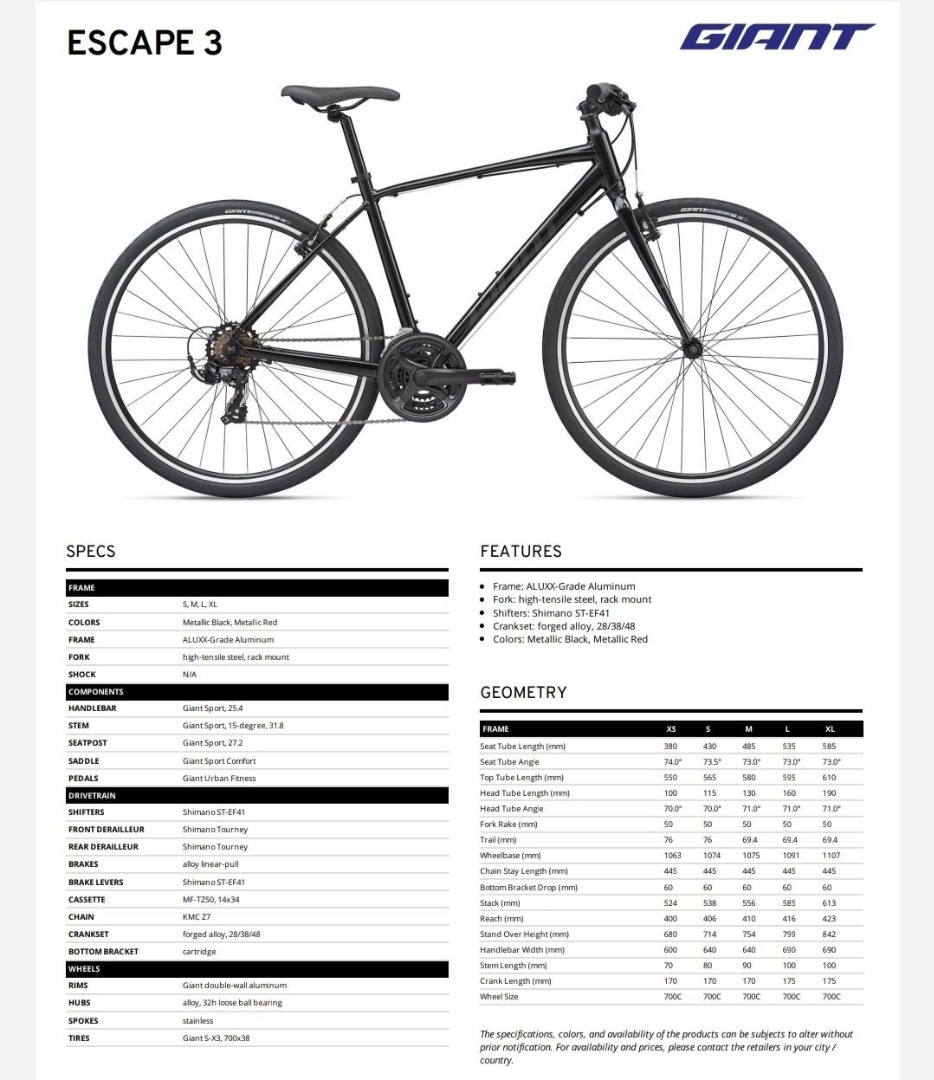 Giant escape best sale 3 size chart