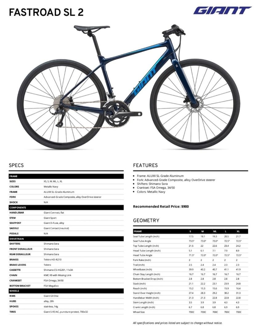 Giant fastroad best sale size chart