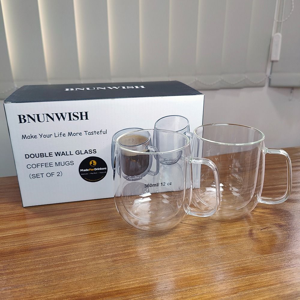 BNUNWISH Double Wall Glass Coffee Mugs Tea Cups Set of 2, Thermal Insulated  and No Condensation with Wide Handle, 12OZ (360ML)