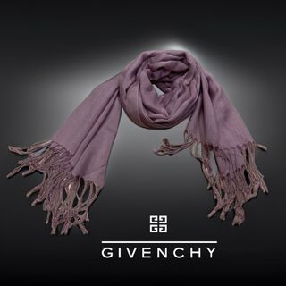 🦄GIVENCHY 紀梵希 ｜PARFUMS GIVENCHY 粉紫色Logo刺繡流蘇披肩.圍巾Size:65x160cm#二手
