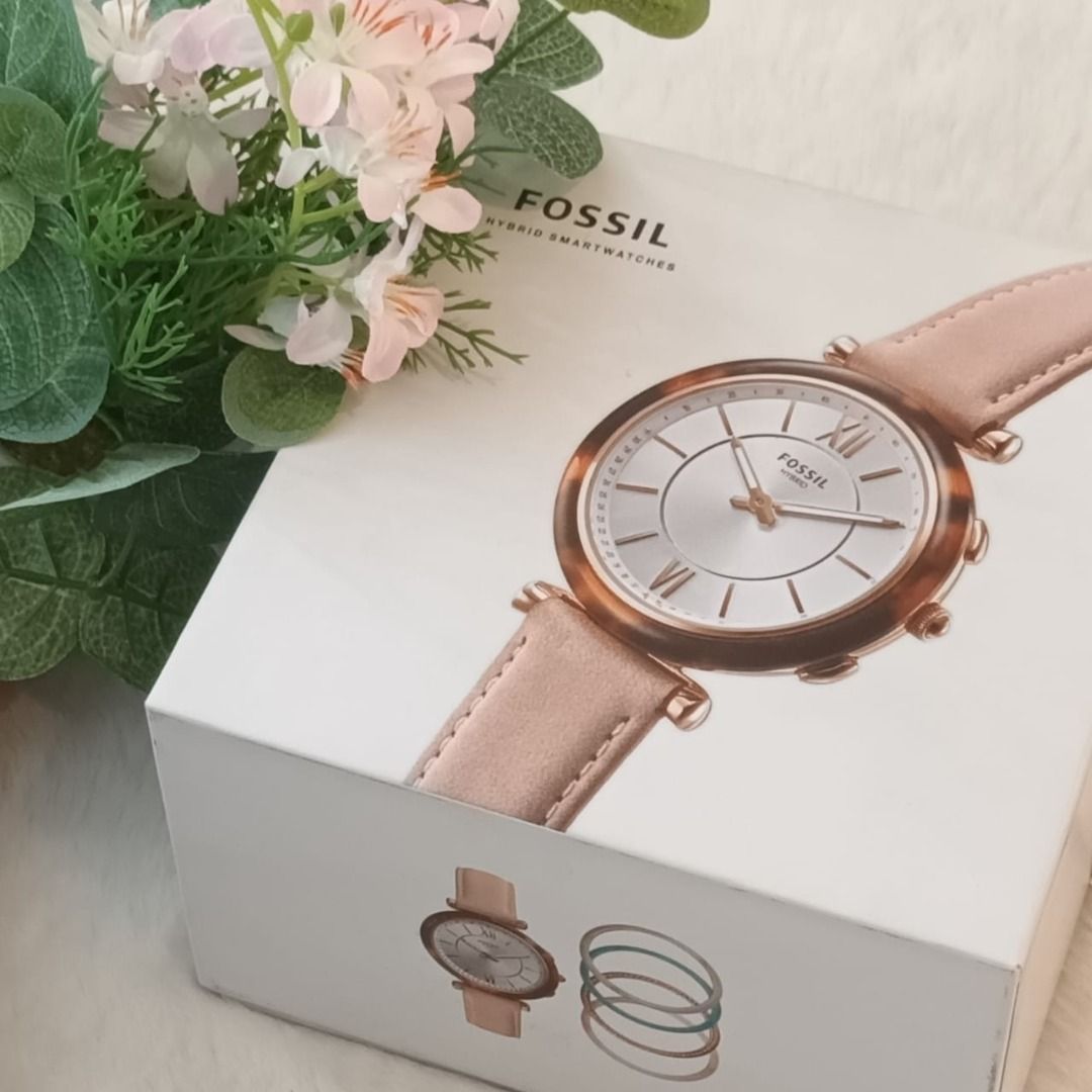 Jam Wanita Fossil Hybrid Smartwatch Carlie Blush Leather Interchangeable Bezel Box Set