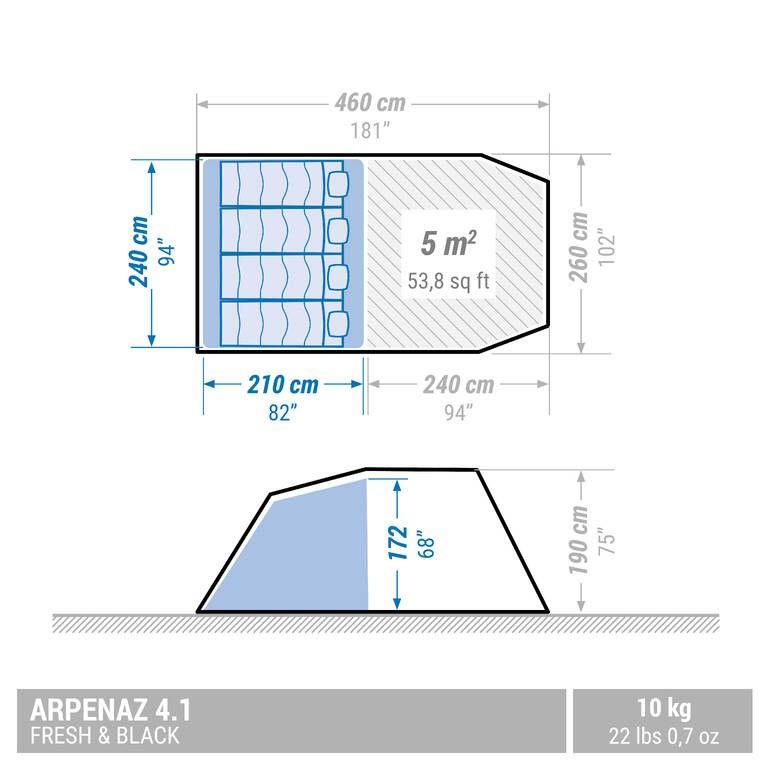 Decalthon Camping Tent Arpenaz 4.1 Fresh and Black 1 Bedroom