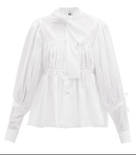 Noir Kei Ninomiya COMME des GARÇONS Tie-neck Gathered Cotton-poplin Blouse Sz L