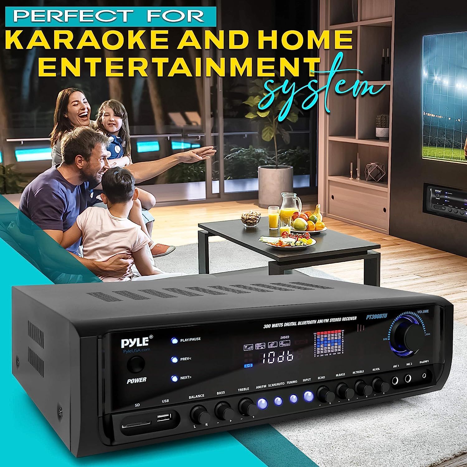 Pyle PT390AU 300W 4 Channel Home Audio Amplifier - Stereo Receiver With USB, RCA, AUX, Mic Inputs & Echo, Remote
