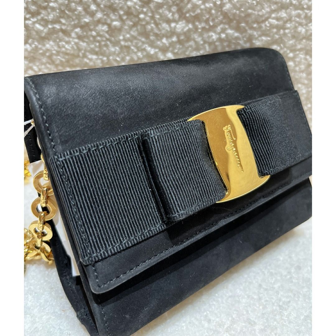 SALVATORE FERRAGAMO Black Leather Mini Vara Chain Crossbody Bag